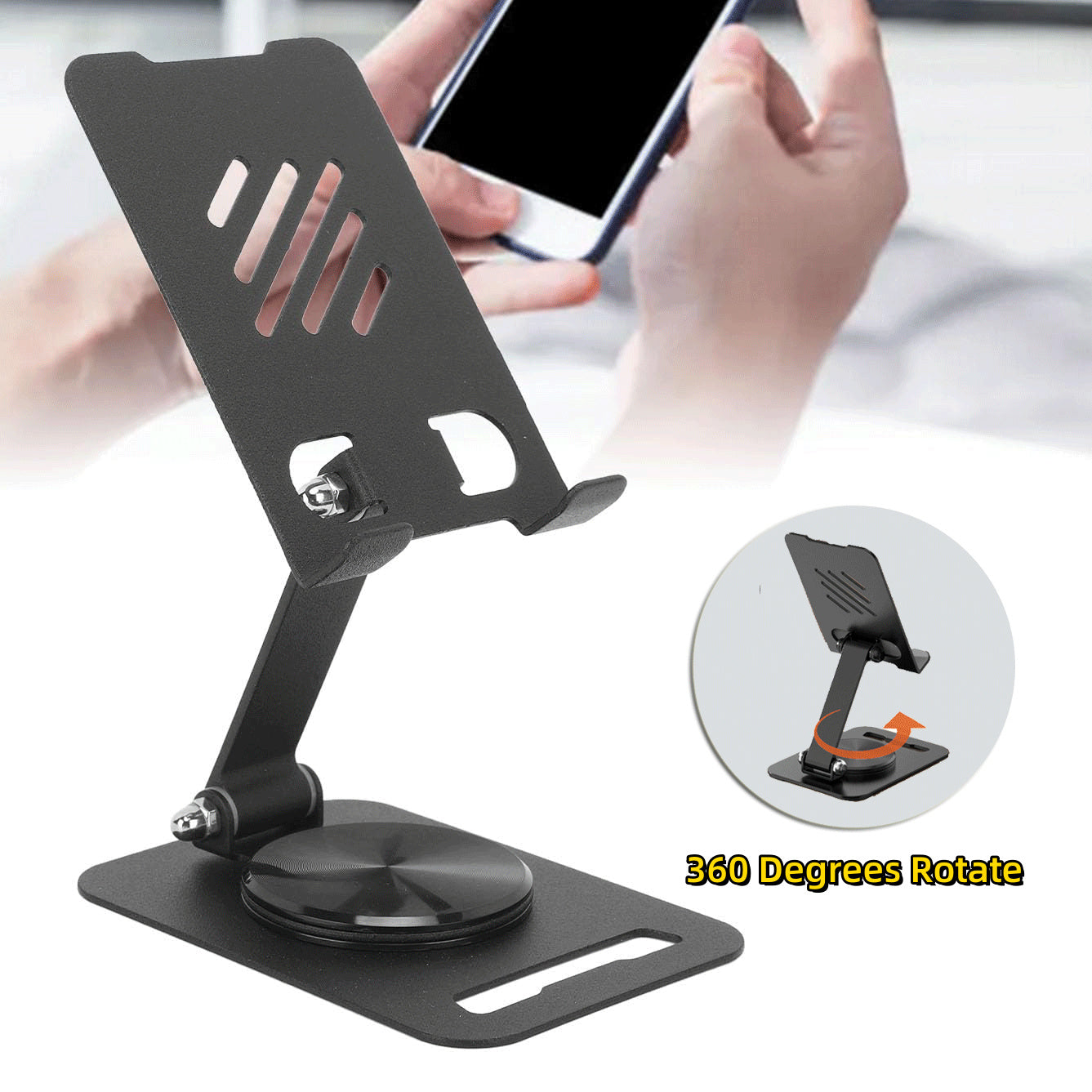 360 Metal Desk Stand: Adjustable 360° Rotating Holder for Phones & Tablets